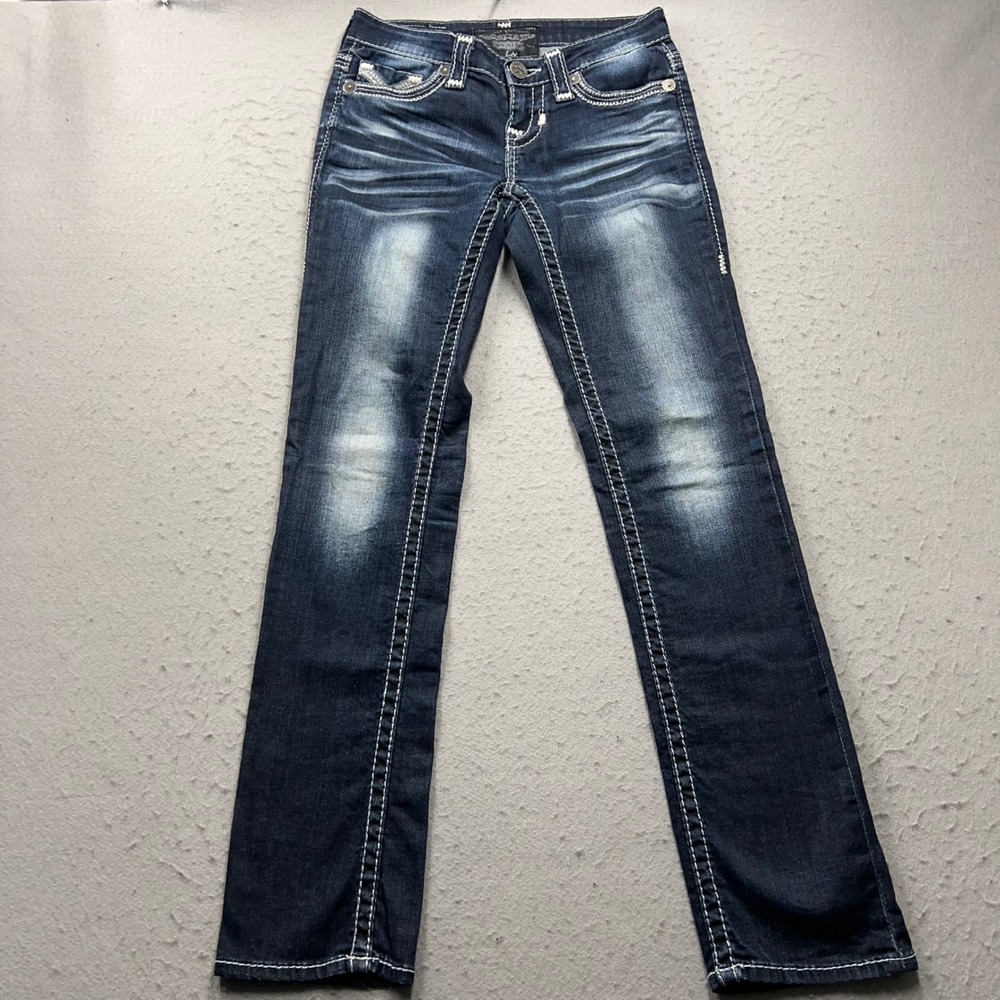 Big Star Liv Low Rise Slim Straight Jeans Dark Wash Contrast Stitch Size 24R